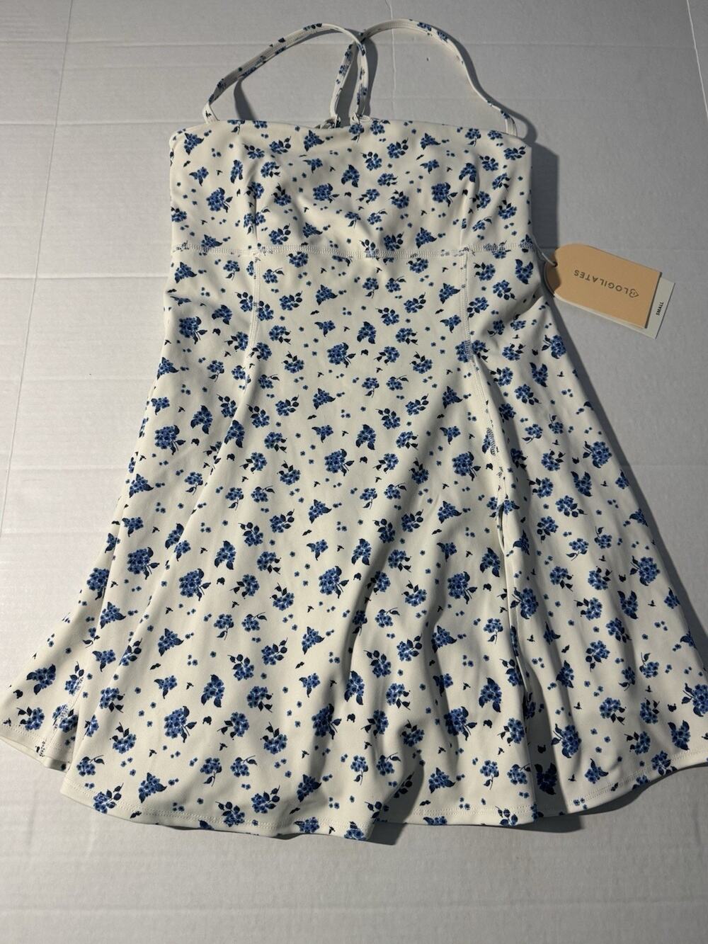 Blogilates Mini A-Line Dress S White/Blue Floral Halter Sleeveless Pullover